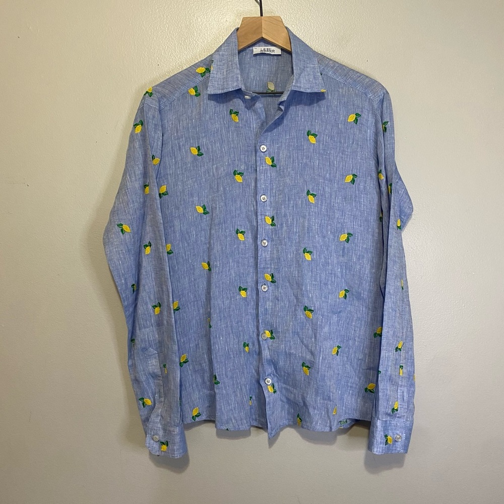Idillio Positano Embroidered Lemon Long Sleeve Linen Button Up Shirt Men's Large